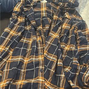 Navy and Orange Plaid Button-Up Shirt